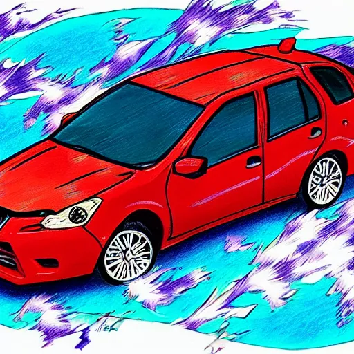 Image similar to scooby doo professionally drifting a nissan pulsar through windy roads in the hills, drawn anime style