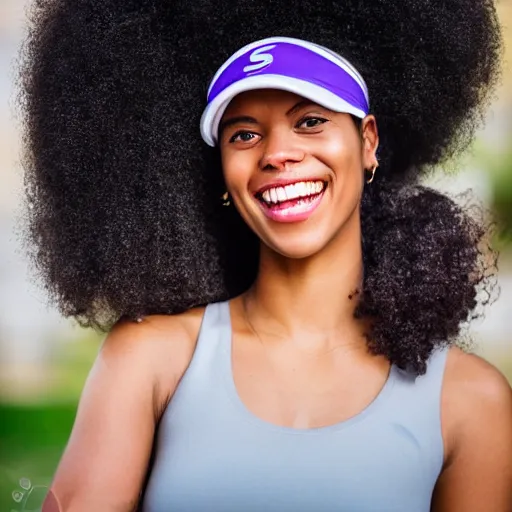 Prompt: stylish portrait of a young woman with an afro wearing a tennis visor, smiling, outside, sigma 8 5 mm f / 1. 4, realistic photo