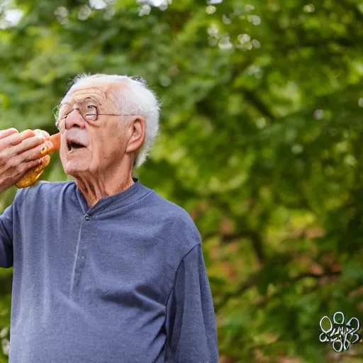 Prompt: portrait of a elderly man throwing a hotdog, 🌭, canon eos r 3, 8 0 mm f / 1. 2, iso 2 0 0, 1 / 1 6 0 s, 8 k, raw, unedited, symmetrical balance,