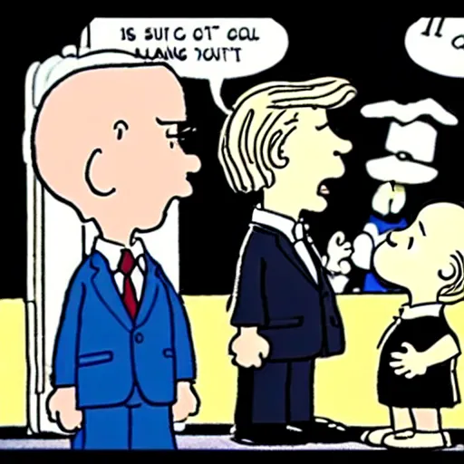 Prompt: a cartoon of joe biden pulling away the nuclear football before trump can kick it, cartoon in the style of peanuts by charles schulz