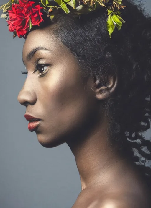 Prompt: a beautiful black woman's face in profile made of leaf and floral 🌹💐 skeleton, in the style of the dutch masters and gregory crewdson, colorful hair, dark and moody aesthetic, 8 k, matte, intricate detail, hyper detailed, surrealism, fantasy, elegant,