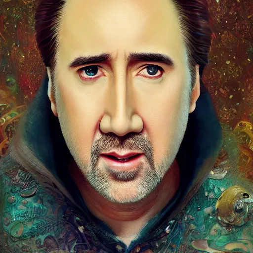 Image similar to nicolas cage is a disney princess, au naturel, hyper detailed, digital art, trending in artstation, cinematic lighting, studio quality, smooth render, unreal engine 5 rendered, octane rendered, art style by klimt and nixeu and ian sprigger and wlop and krenz cushart.