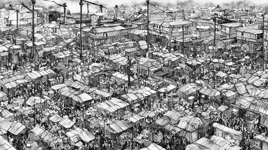 Image similar to a black and white drawing of a busy fish market stretching to the horizon, a storybook illustration by mattias adolfsson, behance contest winner, modern european ink painting, matte drawing, storybook illustration, panoramic, isometric