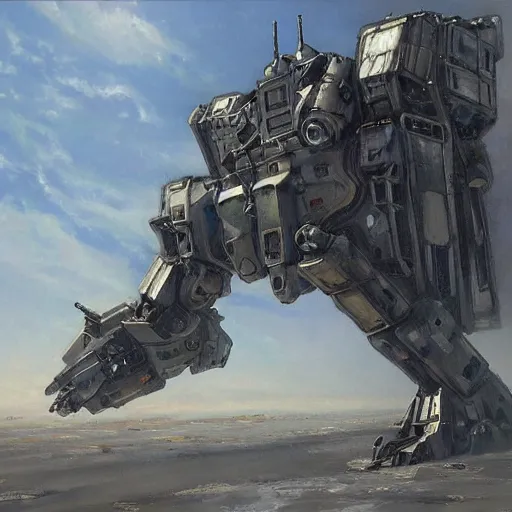 Image similar to oil painting of a huge military mech, sleek, elegant, anime style, highly detailed, complex, intricate by james gurney