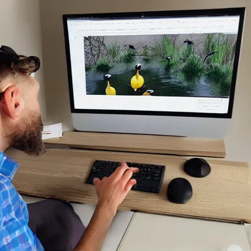 Prompt: a man sitting in front of a computer using discord generating images of ducks