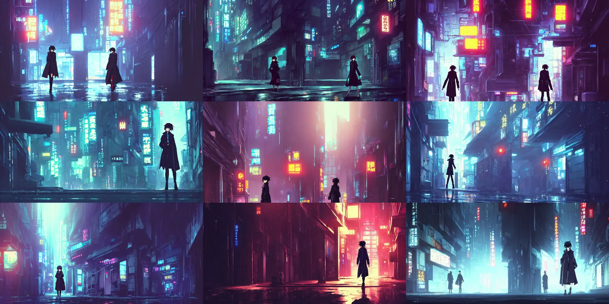 Prompt: a high definition cinematic screenshot from the detective noir cyberpunk anime film ; a lone female detective in a trenchcoat investigates a dark alleyway, digital painting by makoto shinkai, akira toriyama, sparth, trending on artstation