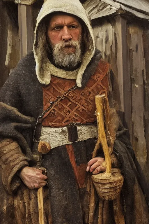 Prompt: slavic dog head man, woolen torso in medieval clothes, builds wooden house, orthodox saint christopher, oil painting, painting by viktor vasnetsov, concept art, hyperrealism, beautiful, high resolution, trending on artstation,