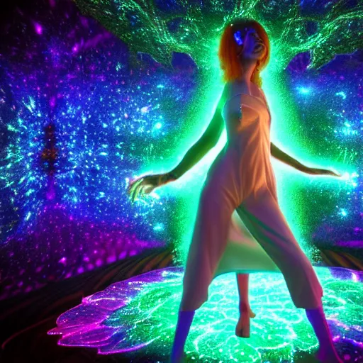 Prompt: full body character + beautiful female neopunk wizard opening a portal to the sidereal multiverse, mandelbrot neuro web, intricate galaxy inlay + ultra high detail, plasma neon internal glow, precise, consciousness projection, astral projection, laser sharp, octane render + unreal render + photo real, 8 k, volumetric lighting high contrast