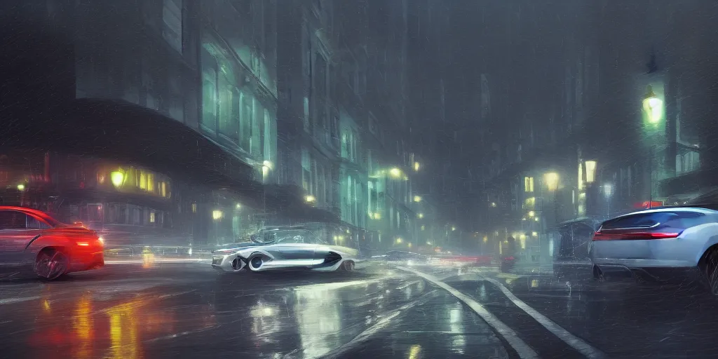 Prompt: full view of a sport car, on wet street at night, painted in dark color holographic pearlescent, elegant, digital painting, concept art, smooth, sharp focus, art style from Wang Ke and Greg Rutkowski and Bruce Kaiser and Scott Robertson and Dmitry Mazurkevich and Doruk Erdem and Jon Sibal