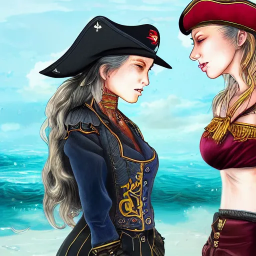 Prompt: a scene of two beautiful female pirate captains standing face to face, detailed digital art by japanese artist