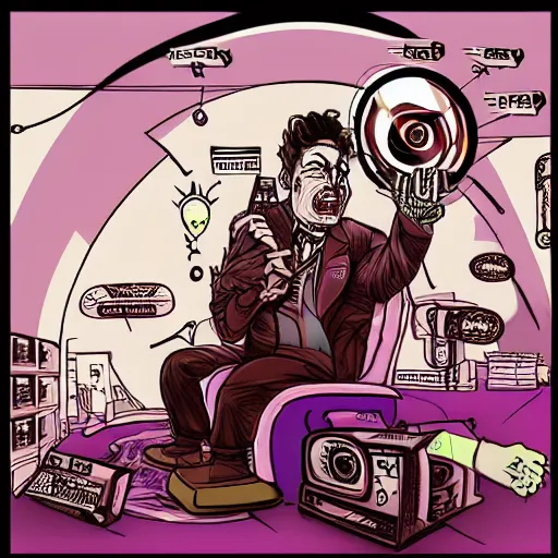 Image similar to depraved and broken with spiral eyes with tvs all around him channeling mind control frequencies towards him. of mind in the style of ben garrison and wil hughes, trending on artstation, ultra 8 k