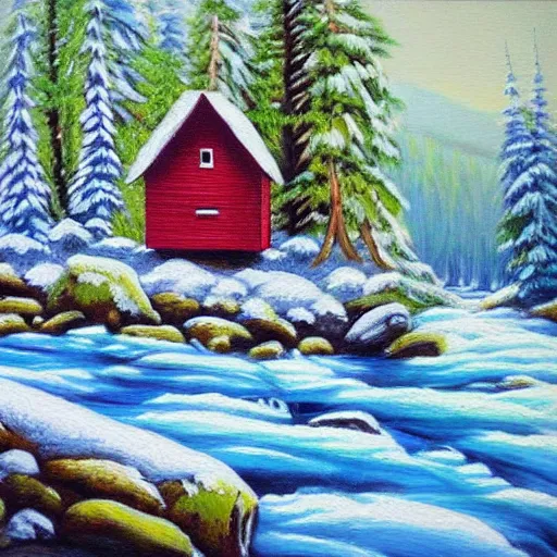 Prompt: “ a forrest in canada, a river, a small blockhouse, snow, colorful, highly detailed oil painting ”