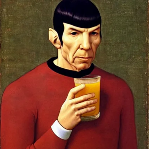 Image similar to portrait of spock drinking a tropical beverage, painting by leonardo da vinci