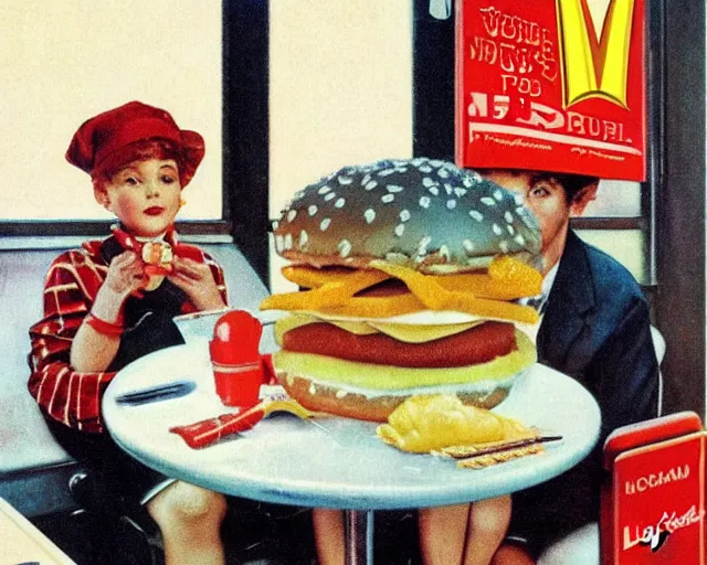 Image similar to vintage mcdonald's commercial depicting the hamburgular, by saul leiter, by norman rockwell