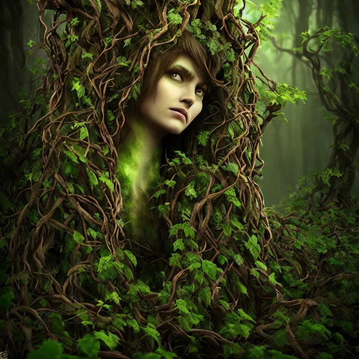 Image similar to female dryad standing, entwined by vines and roots, dark forest, surreal, light shining through, hyper - realistic, highly detailed, sharp focus, smooth, intricate, octane render