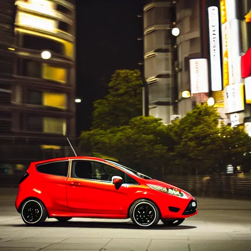 Image similar to red ford fiesta mk 5 zetec in tokyo spain, award winning photograph, night time