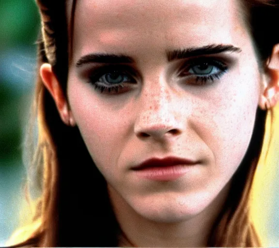 Prompt: color still shot of emma watson in film the craft 1 9 9 6, face closeup,