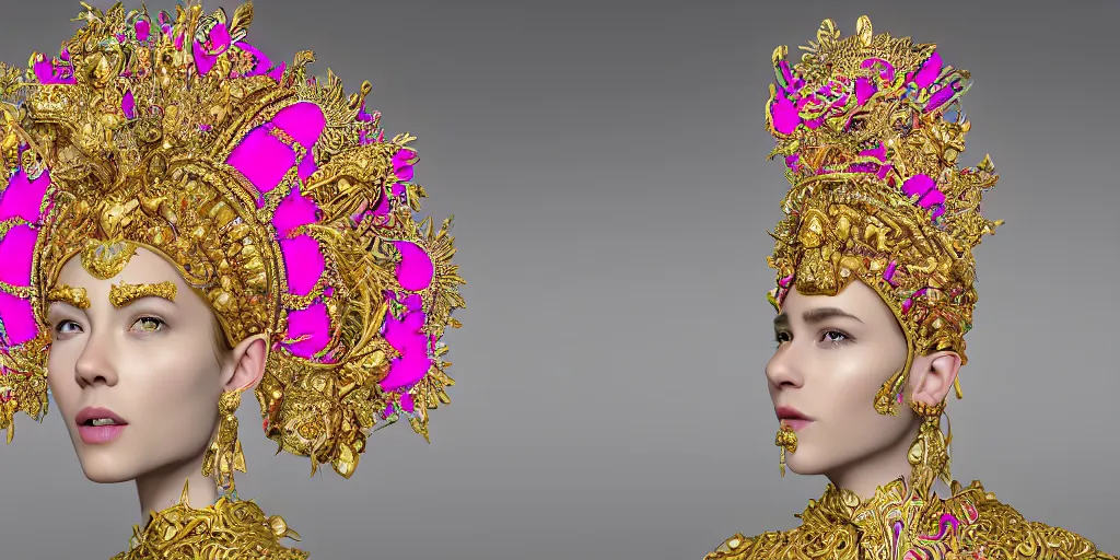 Image similar to dramatic studio portrait of a beautiful flawless symmetrical man wearing intricate otherworldly gold and white jewelry and wearing an ornate elegant pink headdress, hyper realism, very detailed, featured on zbrush central, rendered in cinema 4 d, minimalism, abstract art, f / 2. 8