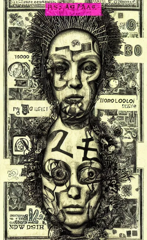 Image similar to post - punk new age album cover, asymmetrical design, dollar bank notes, capitalism, magic, apocalypse, psychedelic, black white pink, magic, giger h. r., giuseppe arcimboldo