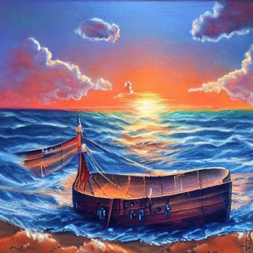 Image similar to ship in the sea, boat, sails, history, wood, oil painting, waves, romanticism, clouds, sunset, colorful