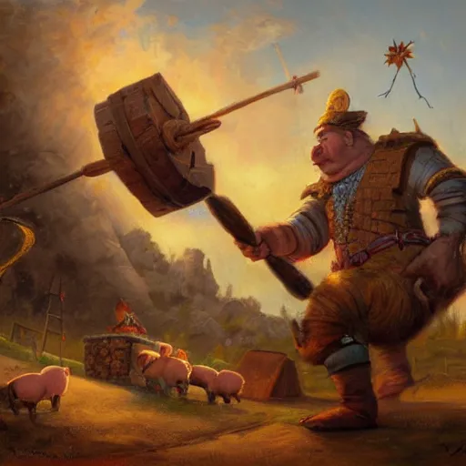 Prompt: trebuchet launching a pig, oil painting by justin gerard, deviantart