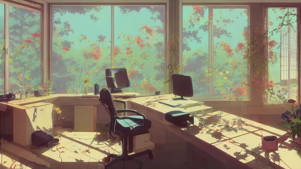 Prompt: interior of a home office, spring flowers growing everywhere, dynamic shadows, dynamic lighting, dynamic colors, ilya kuvshinov, kyoani, hiroaki samura, yoshinari yoh, james jean, katsuhiro otomo, erik jones, cel shaded, anime poster