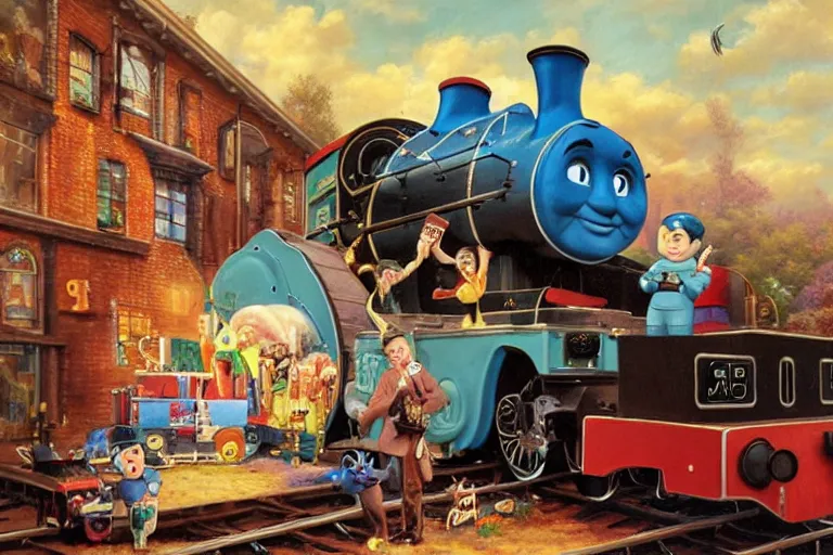 Image similar to elton john playing a piano on top of thomas the tank engine, an oil painting by ross tran and thomas kincade