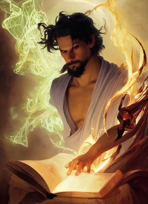 Prompt: character concept portrait of an attractive young Spanish wizard with tan skin conjuring a destruction spell, a floating iridescent spell book in the center, intricate, elegant, digital painting, concept art, smooth, sharp focus, illustration, from Metal Gear, by Ruan Jia and Mandy Jurgens and William-Adolphe Bouguereau, Artgerm