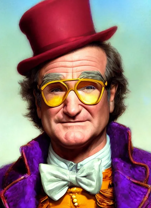 Prompt: robin williams as willy wonka, digital art by eugene de blaas and ross tran, vibrant color scheme, intricately detailed, in the style of romanticism, cinematic, artstation, greg rutkowski