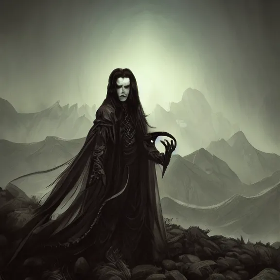 Image similar to long black hair vampire lord, mountains, illustration, concept art, chiaroscuro, field of depth, fantasy, grim, dark