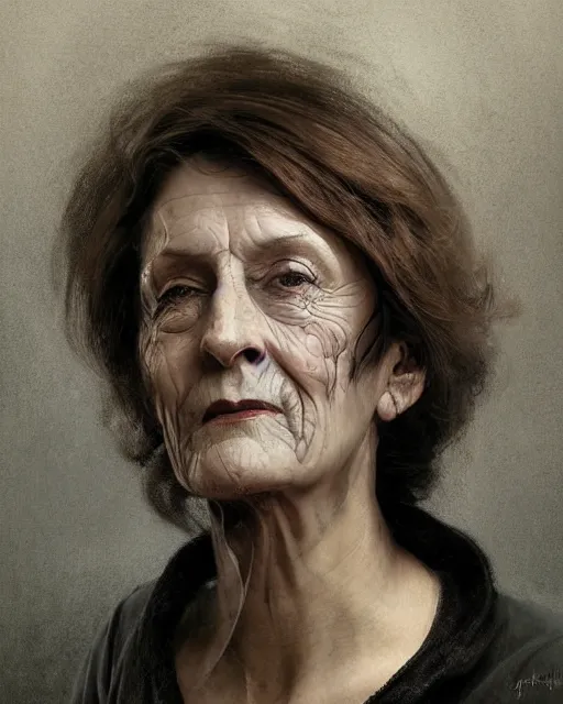 Prompt: portrait 6 0 - year - old woman, tall, severe - looking, with dark hair tied up in a bun, mcgonagall, wearing in black clothes, hyper realistic face, beautiful eyes, fantasy art, in the style of greg rutkowski, intricate, alphonse mucha, hyper detailed, smooth