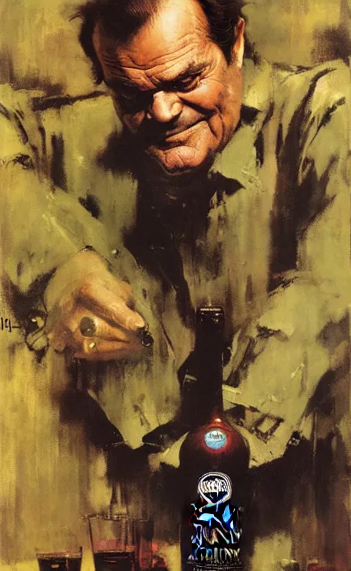 Image similar to jack nicholson is a bottle, by jack kirby, howard brown, ruan jia, tom lovell, jacob collins, dean cornwell