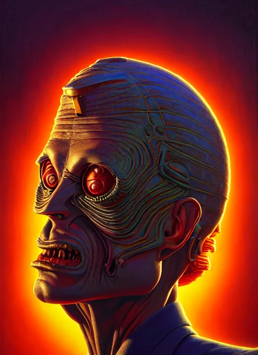 Prompt: cinematic bust portrait of psychedelic accountant, head and chest only, exotic alien features, Tim Hildebrandt, Wayne Barlowe, Bruce Pennington, donato giancola, larry elmore, oil on canvas, masterpiece, trending on artstation, featured on pixiv, cinematic composition, dramatic pose, beautiful lighting, sharp, details, hyper-detailed, HD, HDR, 4K, 8K