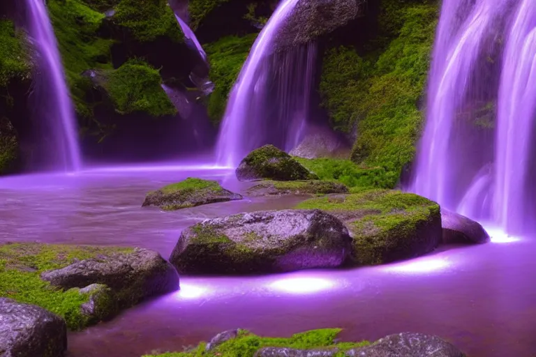 Image similar to A waterfall with glowing purple water. Cinematic lighting. Photorealism.