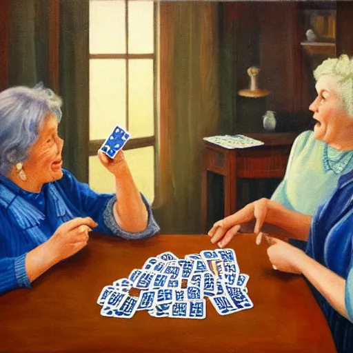 Image similar to 2 old ladies in a blue and brown shirt and a woman playing cards in a commieblock apartment, still life painting, high detail, oil painting