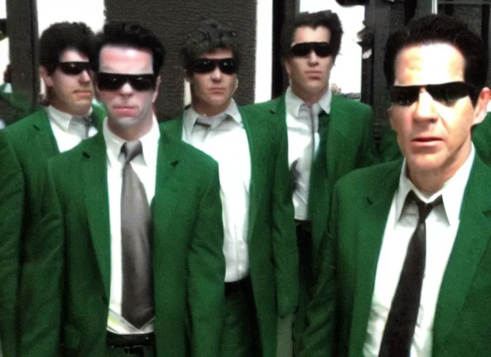 Image similar to tommy tallarico dressed as agent smith from the matrix surrounded by multiple versions of himself with green tint matrix filter