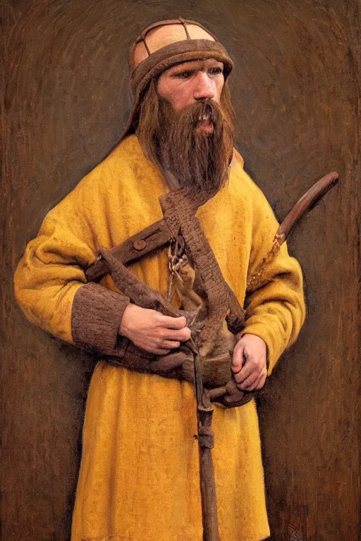 Image similar to slavic dog head man, woolen torso in medieval clothes, holding a weapon, orthodox, oil painting, concept art, hyperrealism, beautiful, high resolution, trending on artstation, by annie swynnerton and nicholas roerich, symbolist, soft colors, dramatic lighting, extremely detailed, two hands,