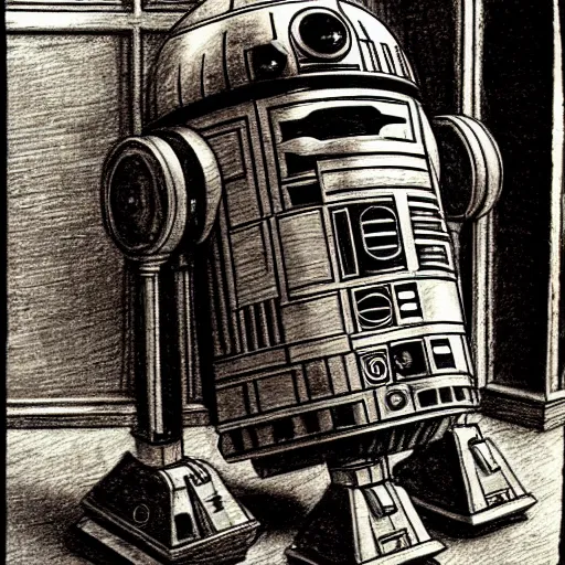 Image similar to a pencil sketch by leonardo davinci of the droid r 2 d 2, machine, sketch, da vinci, old masters, paper,