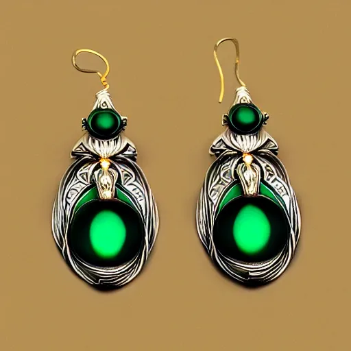 Prompt: artnouveau alien goddess earrings made by René lalique in black, white and emerald and gold