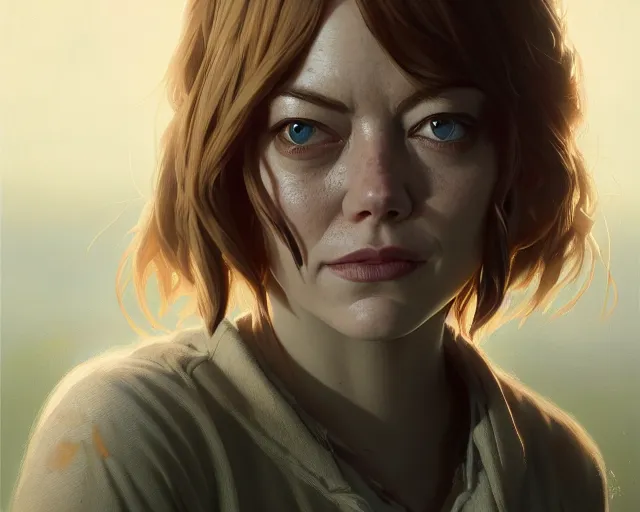 Image similar to highly detailed portrait of emma stone, in the walking dead, stephen bliss, unreal engine, fantasy art by greg rutkowski, loish, rhads, ferdinand knab, makoto shinkai and lois van baarle, ilya kuvshinov, rossdraws, tom bagshaw, global illumination, radiant light, detailed and intricate environment