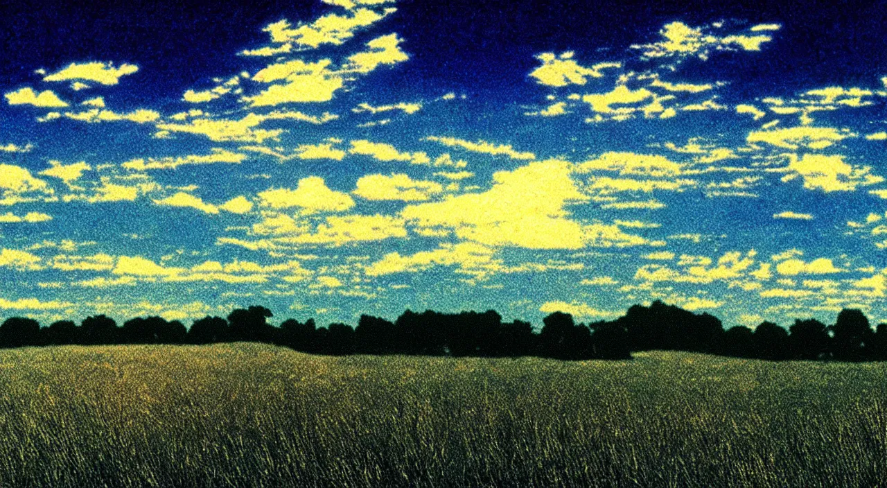 Image similar to film still of kansas landscape and sky, intricate, beautiful, serene, majestic, detailed, ultra, mega, super, visable sounds waves