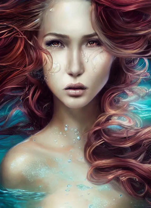 Prompt: a beautiful woman underwater mermaid, 8 k, sensual, hyperrealistic, hyperdetailed, beautiful face, long hair windy, dark fantasy, fantasy portrait by laura sava