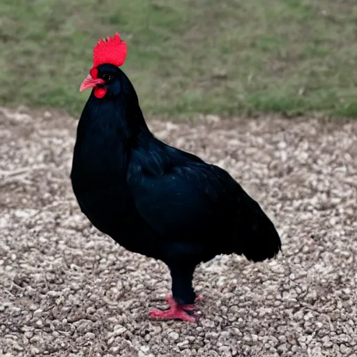 Prompt: an all black chicken spotted with small white heart shapes