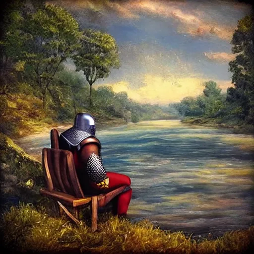 Image similar to knight sat by a river, epic