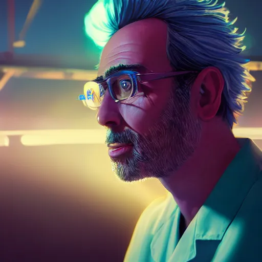 Image similar to portrait of rick sanchez, lab coat and tee shirt, lens flare, atmosphere, glow, detailed, intricate, full of colour, cinematic lighting, trending on artstation, 4 k, hyperrealistic, focused, extreme details, unreal engine 5, cinematic, masterpiece