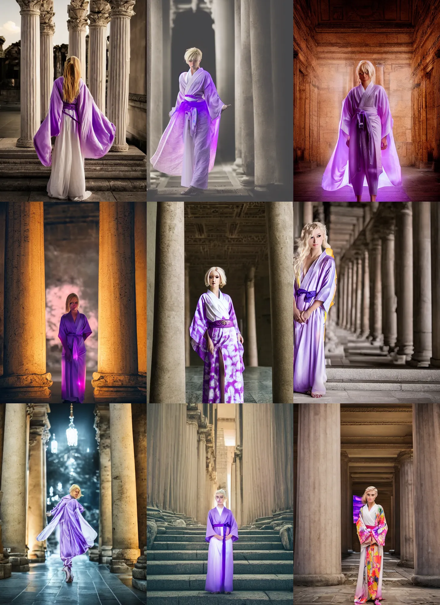 Prompt: stunning, breathtaking, awe - inspiring award - winning photo, extremely moody purple lighting, 8 k, full body face portrait of an attractive beautiful blonde white fairy wearing a colorful yukata in front of roman columns