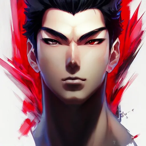 Image similar to anime portrait of a slick black hair guy with red eyes by stanley artgerm lau, wlop, rossdraws, james jean, andrei riabovitchev, marc simonetti, and sakimichan, trending on artstation