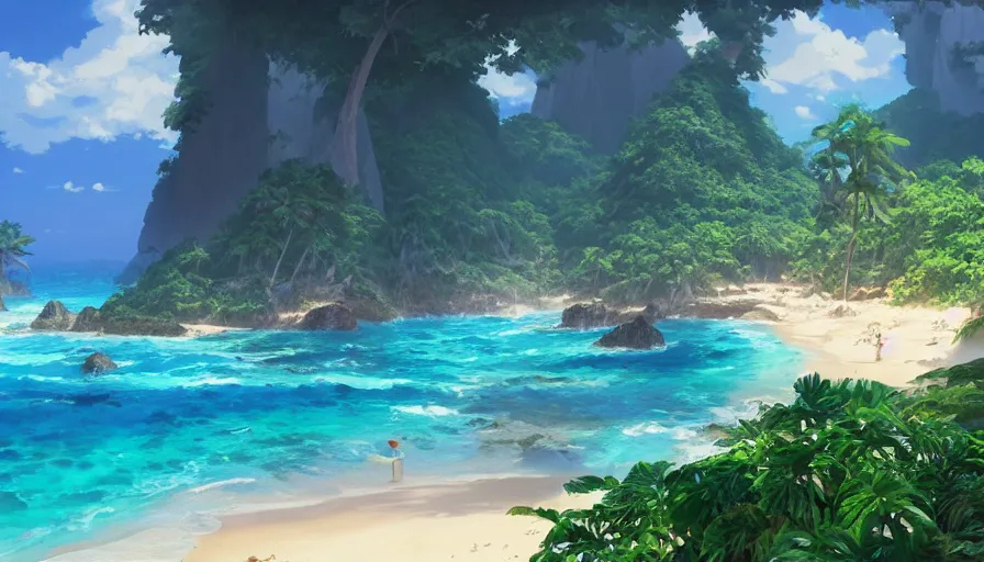 Prompt: A highly detailed matte painting of a beautiful tropical beach by Mokoto Shinkai, by Studio Ghibli, by Greg Rutkowski, by Artgerm, by beeple, volumetric lighting, octane render, cinematic angle, 4K resolution, trending on artstation