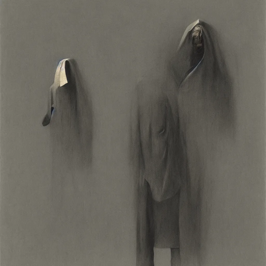 Image similar to Man in a business suit with a bag covering his head, by Zdzisław Beksiński