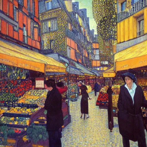 Prompt: a beautiful painting of a Parisian market by Gustav Klimt trending on Artstation